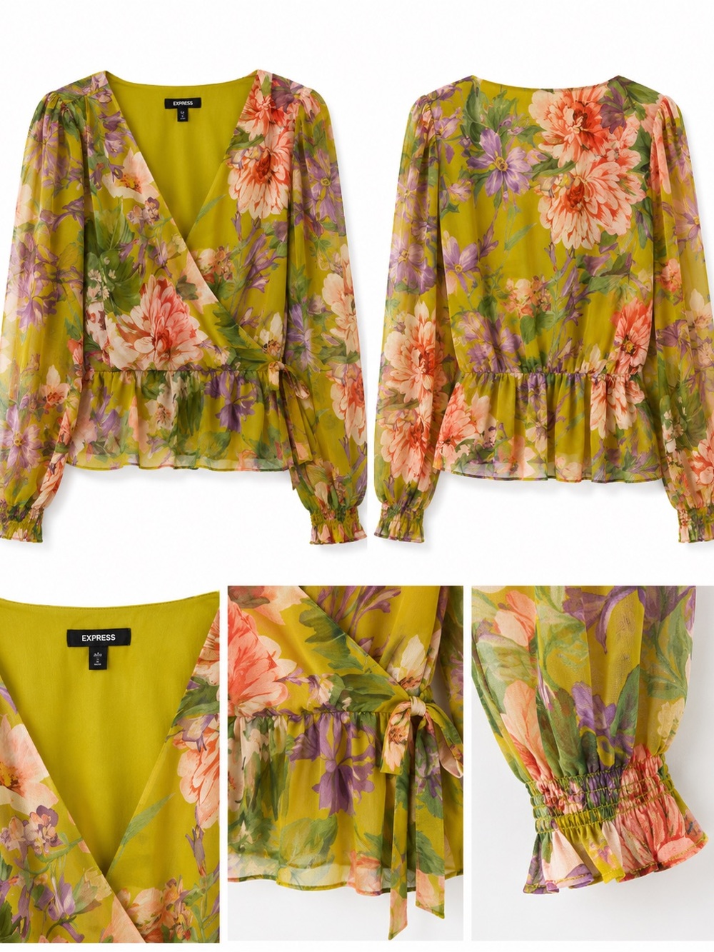 Express Olive Green Floral Wrap Peplum Blouse